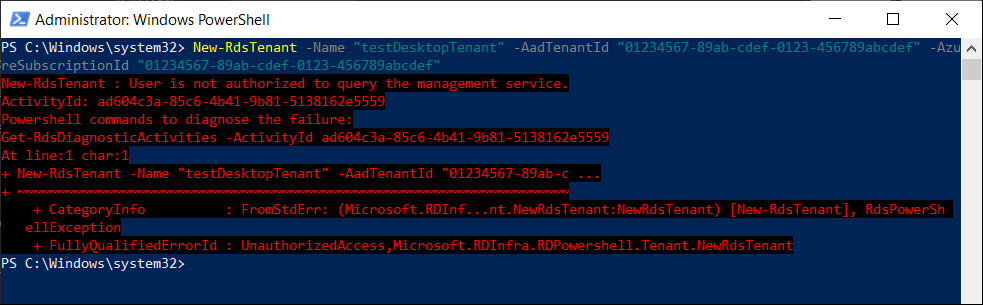 ユーザーが管理サービスのクエリを承認されていない PowerShell ウィンドウのスクリーンショット。