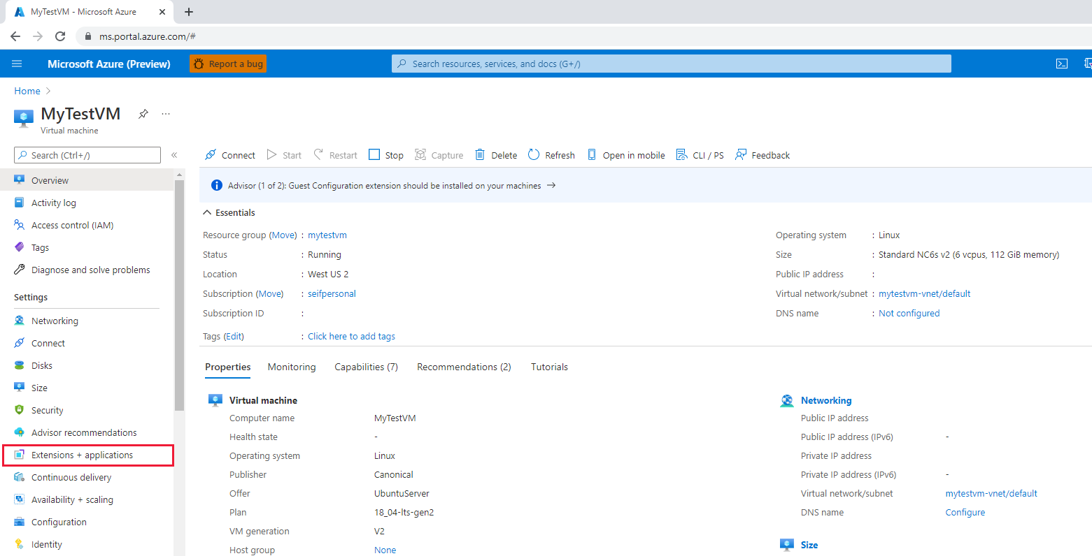 Azure portal のメニューで [拡張機能] を選択する場面のスクリーンショット。