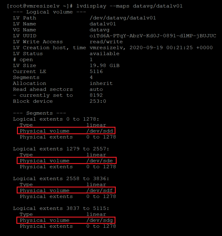 Screenshot showing an alternative way to identify physical volume associations with local volumes. The results are highlighted.