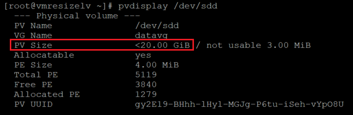 Screenshot showing the code that checks the physical volume's size. The result is highlighted.