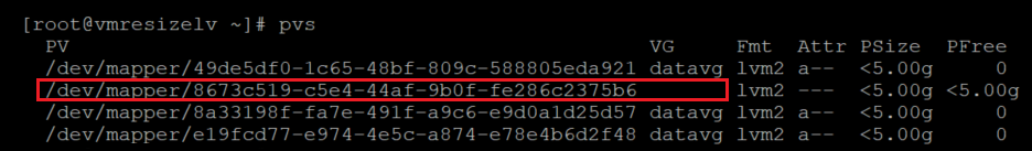 Screenshot showing the code that verifies that the physical volume was added to the LVM configuration. The result is highlighted.