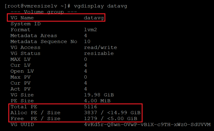 Screenshot showing the code that verifies the size and free space of the volume group. The results are highlighted.