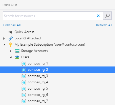 Screenshot of Azure Storage Explorer highlighting the location of the Disks node for  pasting a disk.