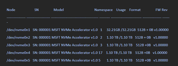 Linux 仮想マシンで NVMe ディスクを識別する命令のスクリーンショット。