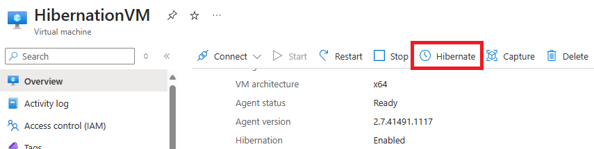 Azure portal で VM を休止状態にするボタンのスクリーンショット。