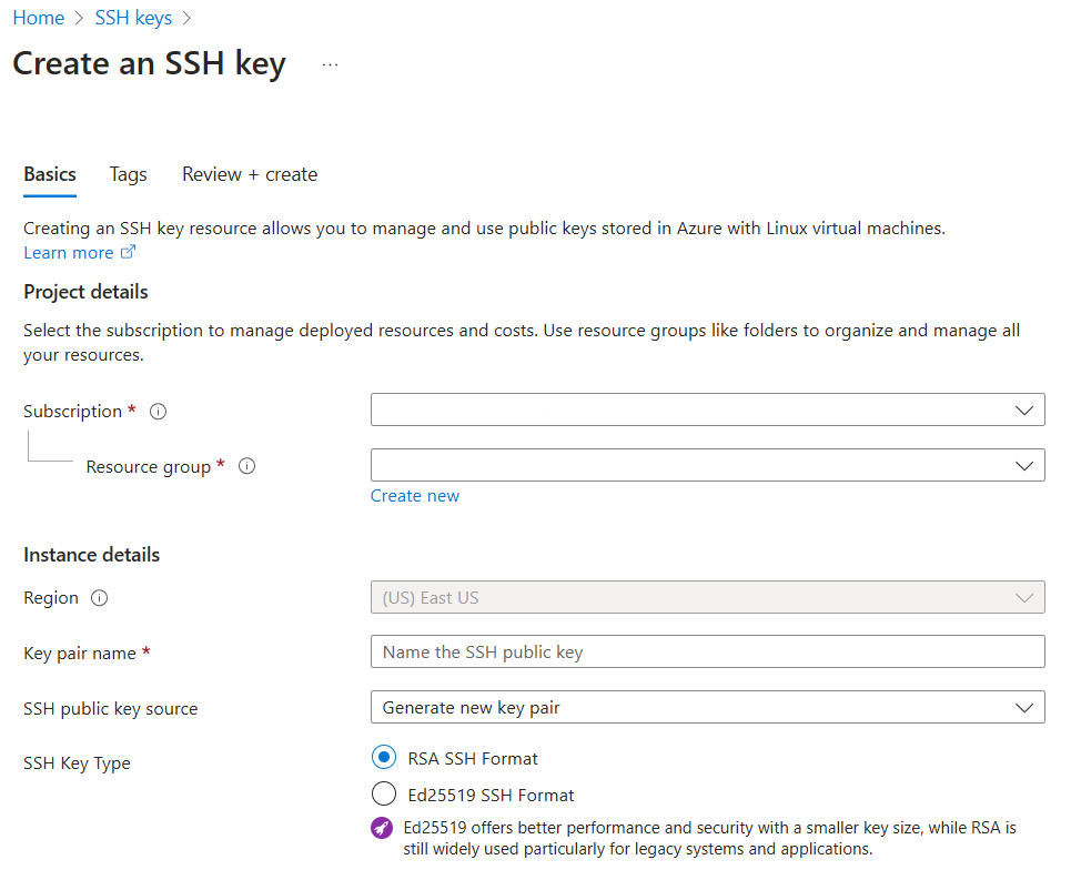 新しいリソース グループを作成し、SSH キー ペアを生成する