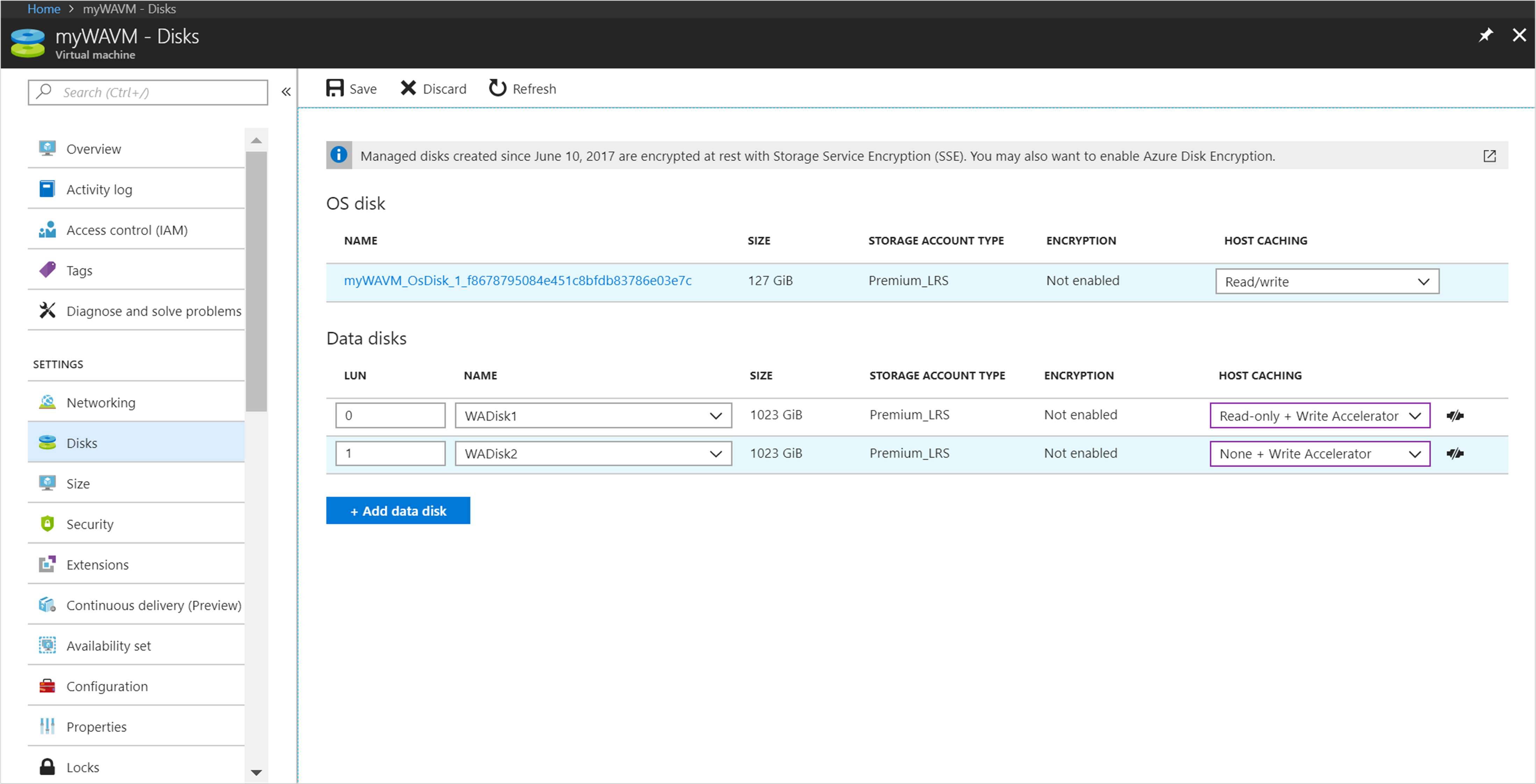 Azure Portal 上の書き込みアクセラレータ