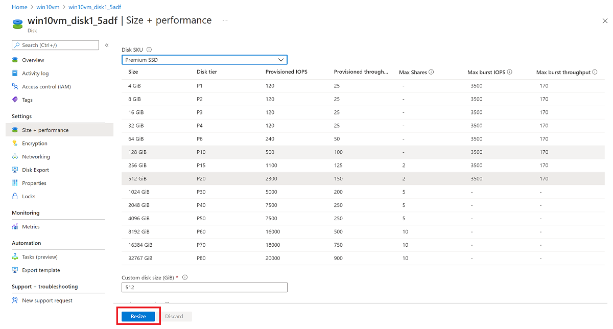 [サイズ変更] ボタンが選択された [Size + performance]\(サイズおよびパフォーマンス\) ペインを示すスクリーンショット。