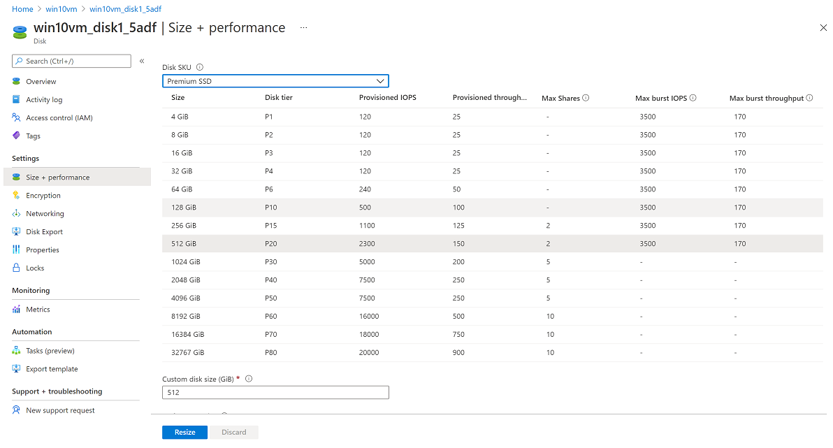 ディスク サイズが選択された[Size + performance]\(サイズおよびパフォーマンス\) ペインを示すスクリーンショット。