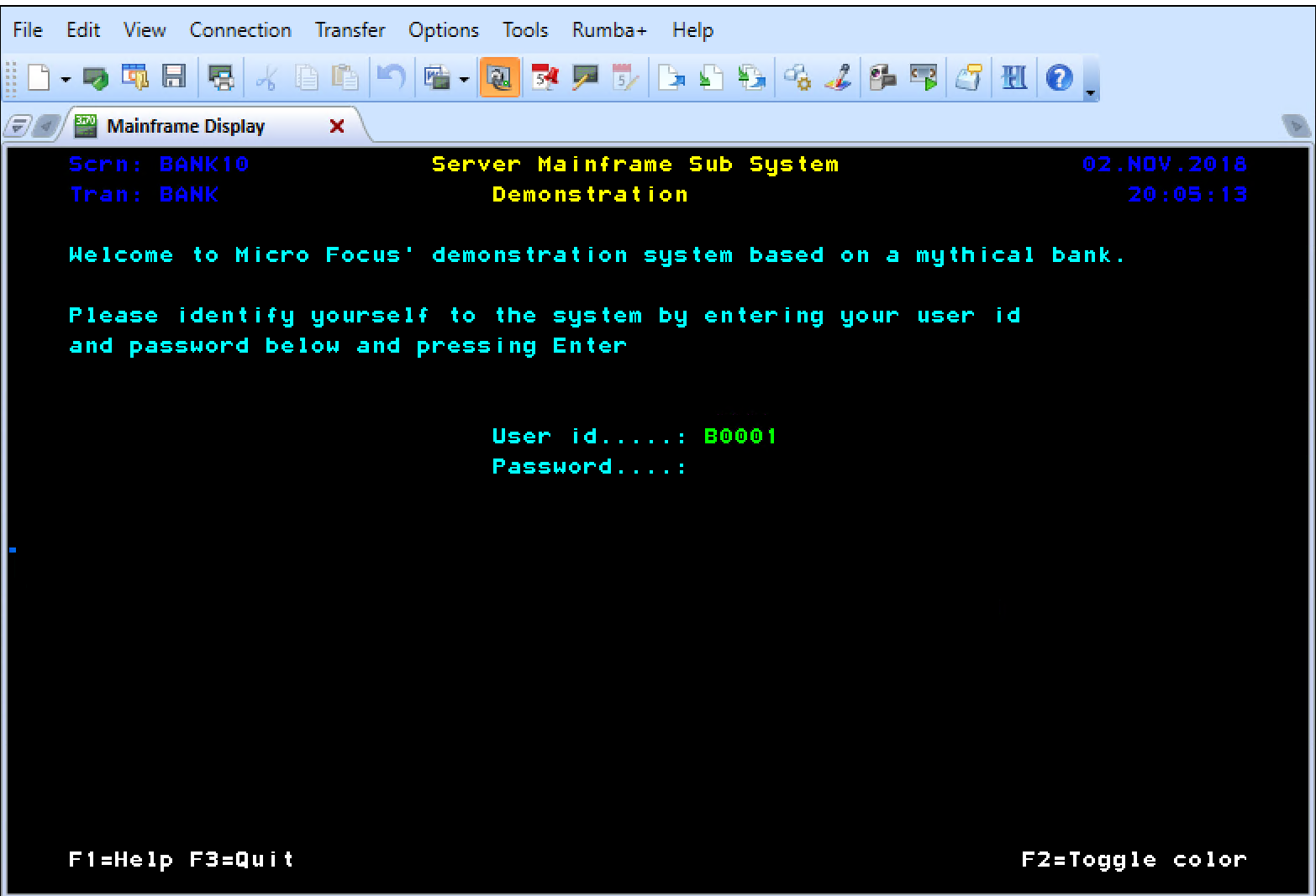 Mainframe Display Welcome screen