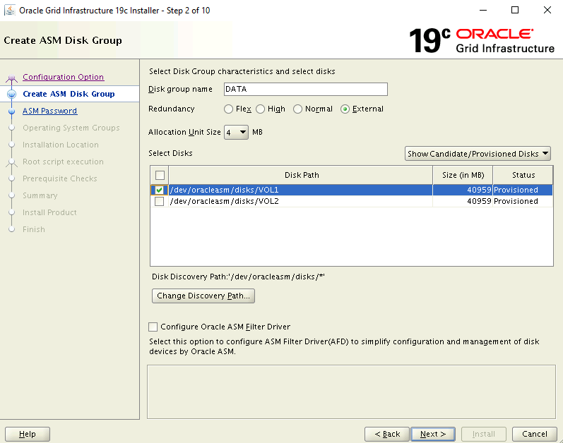 Screenshot of the installer's Create ASM Disk Group page.