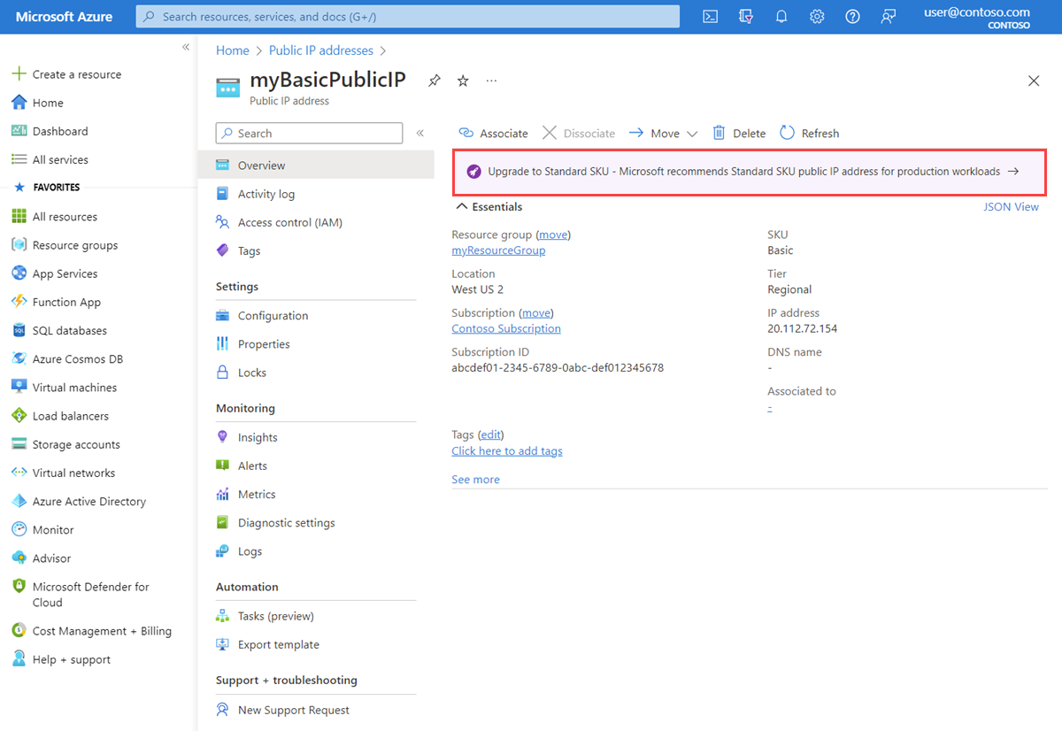 Basic IP アドレスのアップグレードに使用する Azure portal のアップグレード バナーを示すスクリーンショット。