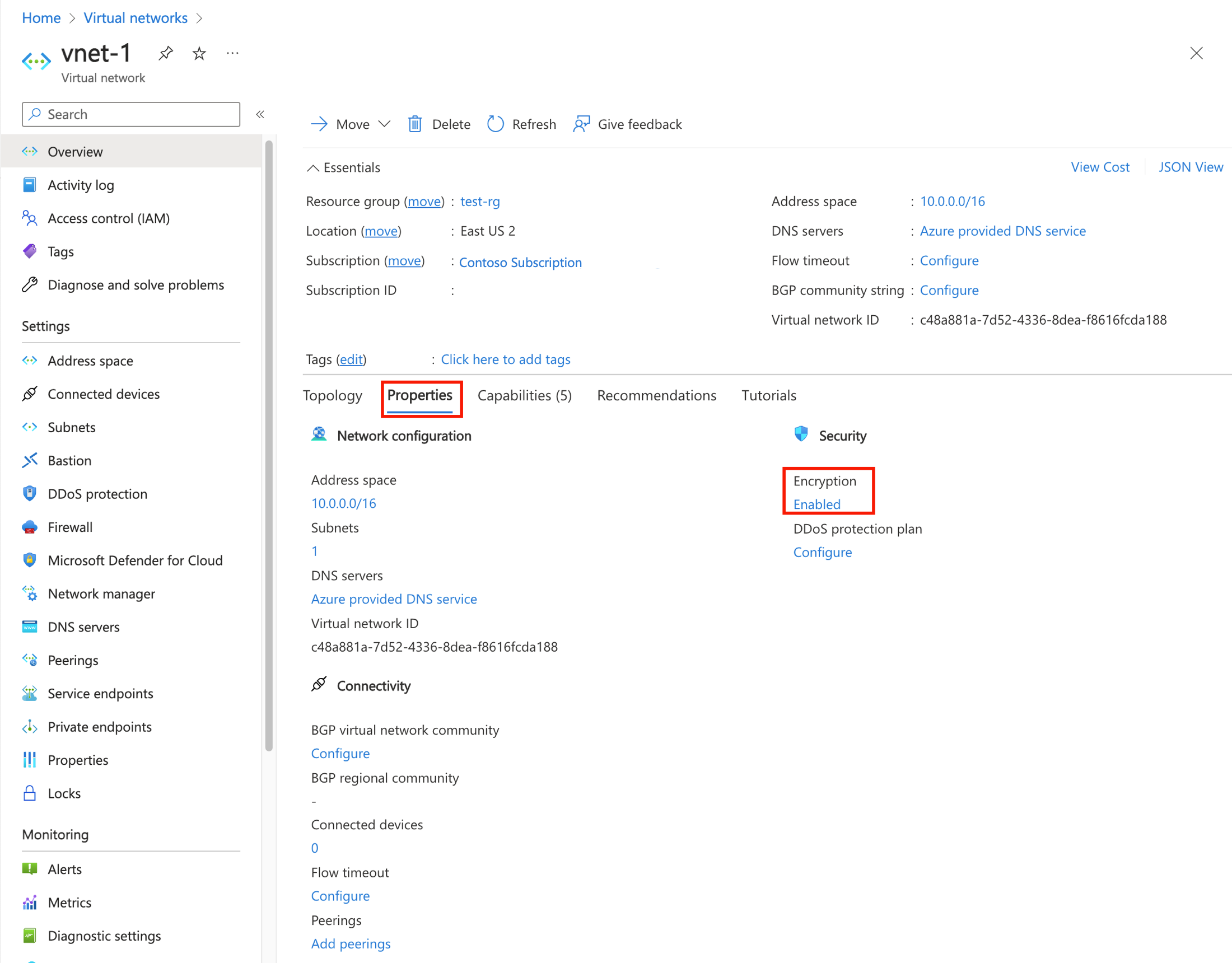 [暗号化] が [有効] に設定されている仮想ネットワークのプロパティを示すスクリーンショット。