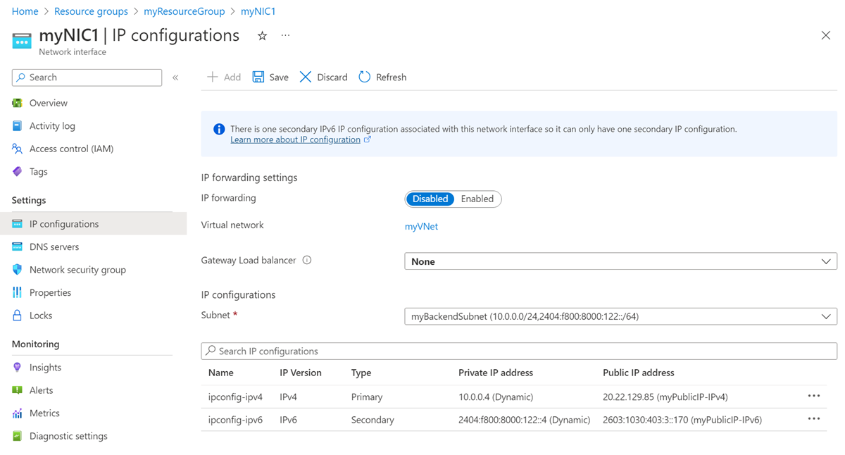 ネットワーク インターフェイスの IP 構成のスクリーンショット。