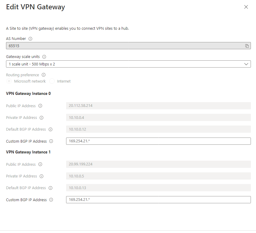 サイト間 VPN ゲートウェイ構成の例を示すスクリーンショット。