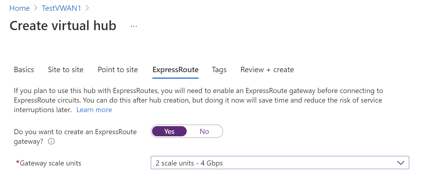 ExpressRoute のゲートウェイ スケール ユニットを示すスクリーンショット。