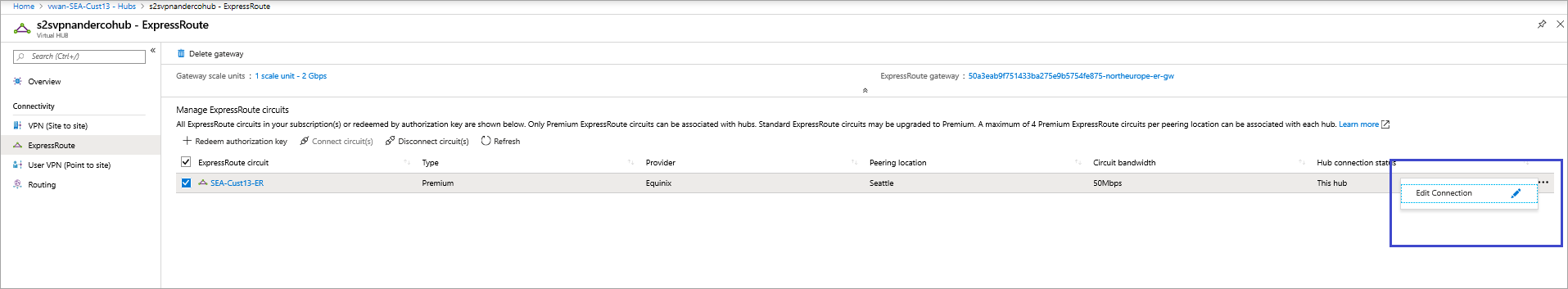 ExpressRoute ゲートウェイ ページの編集を示すスクリーンショット。