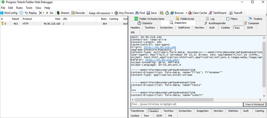 Progress Telerik Fiddler Web Debugger のスクリーンショット。[Raw] タブで、text1 という名前の後に 1 = 1 が表示されています。