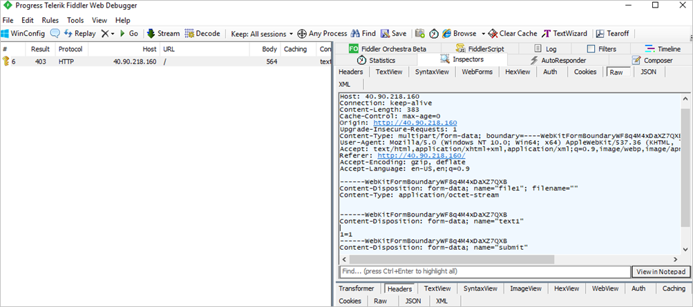 Progress Telerik Fiddler Web Debugger のスクリーンショット。[Raw] タブに、接続、コンテンツタイプ、ユーザーエージェントなどの要求ヘッダーの詳細が表示されています。