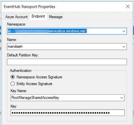 Event Hub アダプターの名前空間、名前、パーティション キー、認証プロパティのサンプルは、BizTalk Serverのポート エンドポイント プロパティを送信します