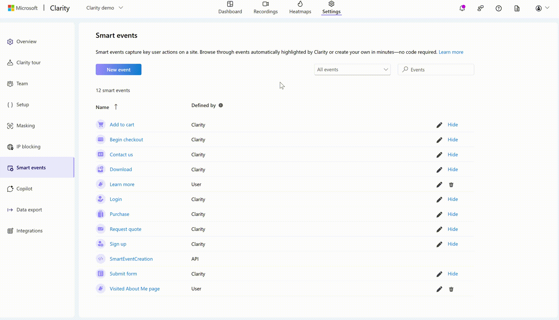 Edit user-defined events.