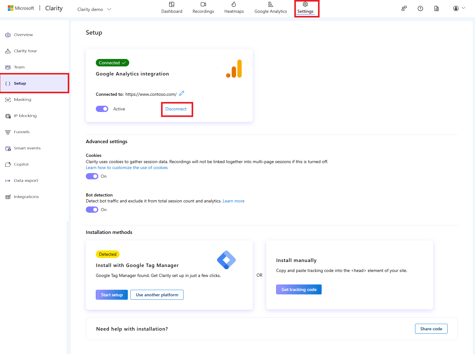 Disconnecting Google Analytics integration selection.