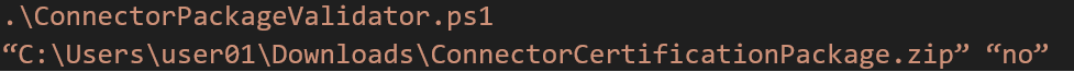 ConnectorPackageValidator.ps1を実行する構文のスクリーンショット。