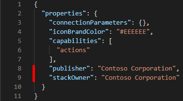 サンプル コード スニペットで利用可能な publisher プロパティと stackOwner プロパティを示すスクリーンショット。