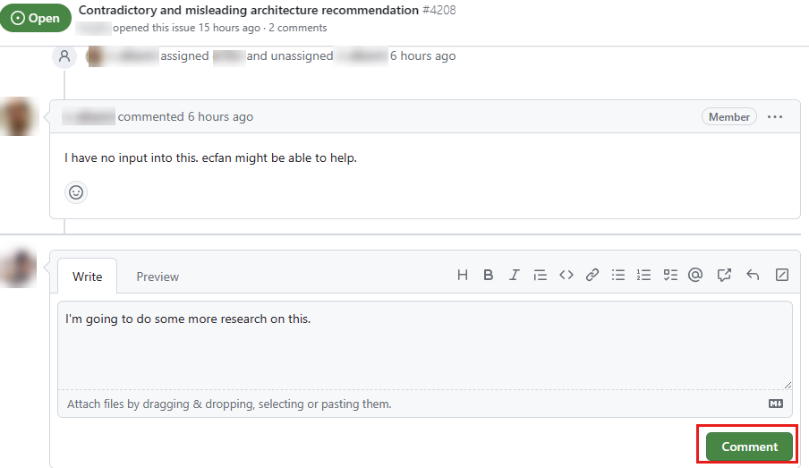 GitHub の問題のスクリーンショット、下部にコメント ボックスがある。