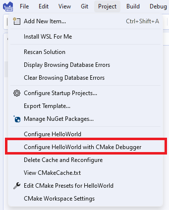 Screenshot of the CMake Debugger dropdown.