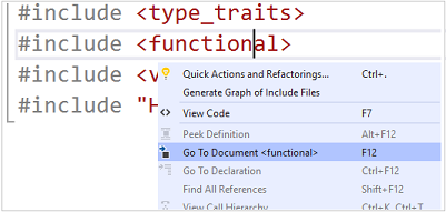 一部のインクルード ステートメントのコンテキストでの C++ の [ドキュメントへ移動] メニュー オプションのスクリーンショット。