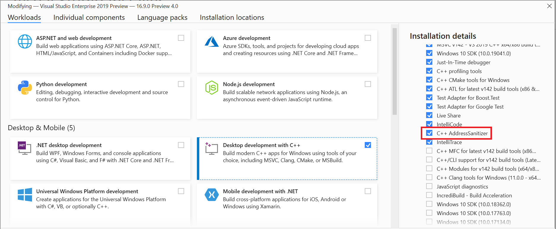 Visual Studio インストーラーのスクリーンショット。[省略可能] セクションの下にある C++ AddressSanitizer コンポーネントが強調表示されています。