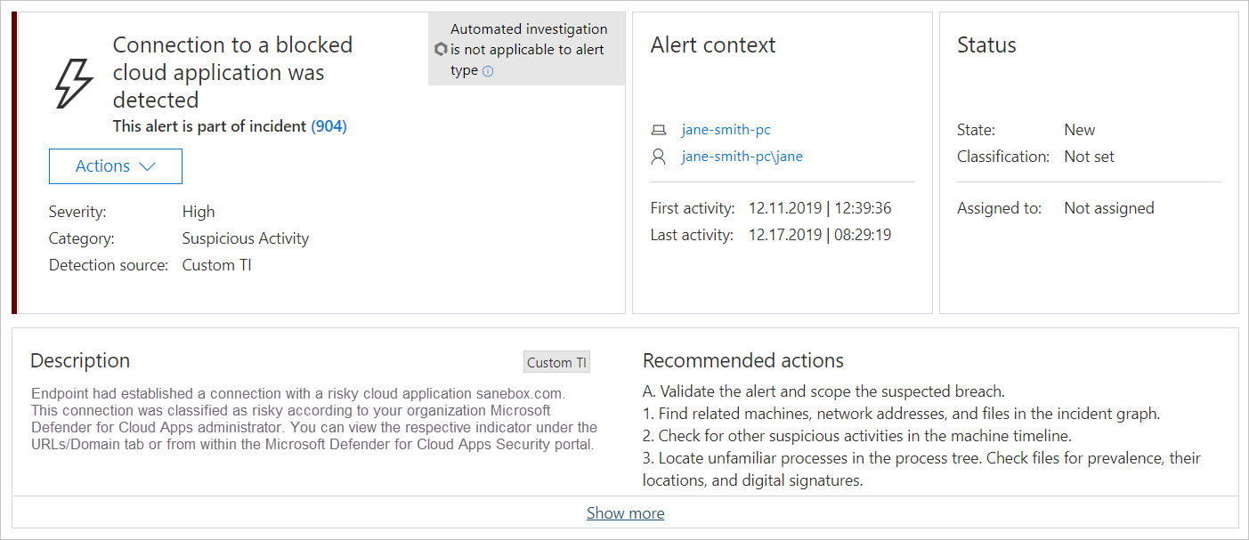 Defender for Endpoint の認可されていないアプリアラートを示すスクリーンショット。