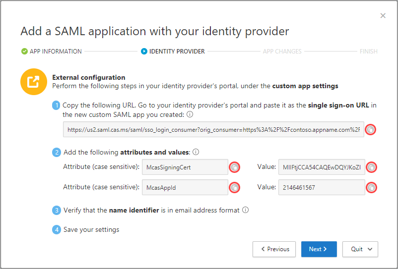 SAML 情報ページのスクリーン ショット。