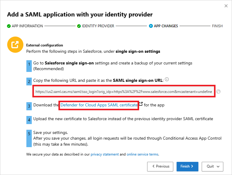 Defender for Cloud Apps の SAML SSO URL をメモして証明書をダウンロードする。