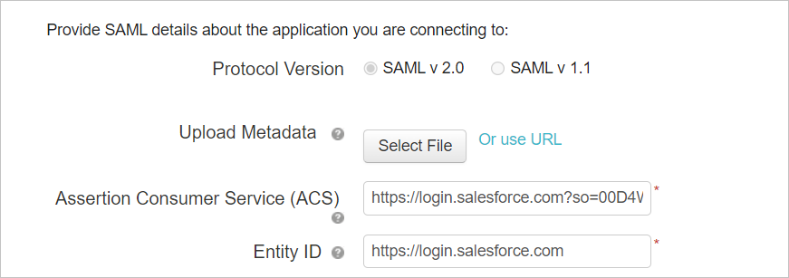 Salesforce SAML の詳細を使用してカスタム アプリケーションを構成します。