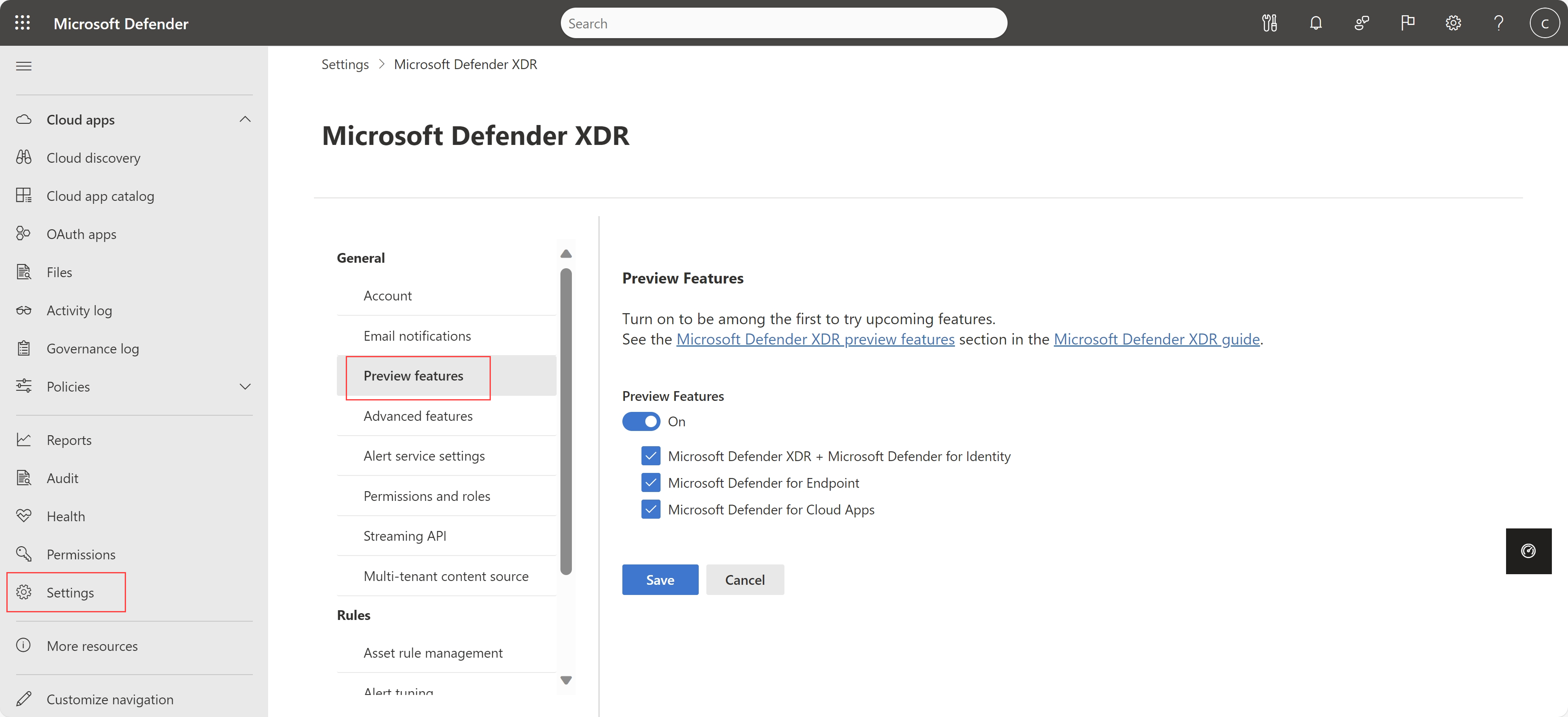 Microsoft Defender XDR プレビュー機能の設定ページのスクリーンショット。