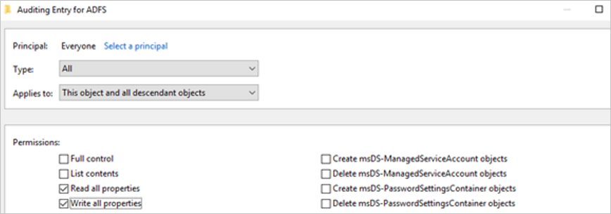 Active Directory フェデレーション サービスの監査設定のスクリーンショット。