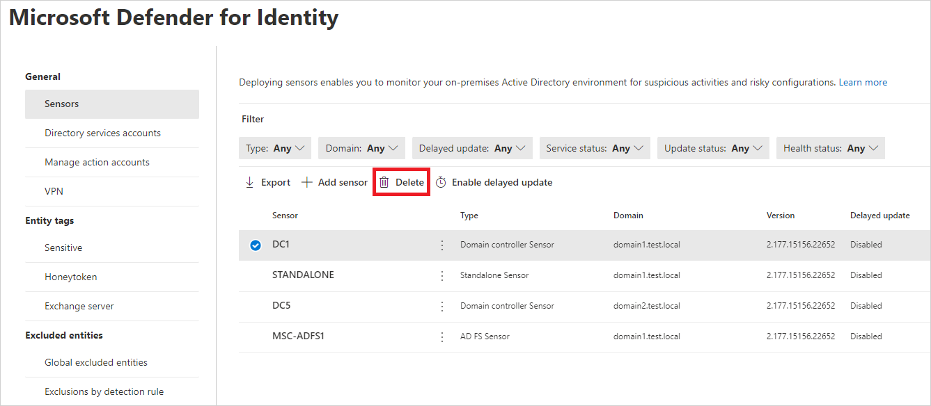 孤立した Defender for Identity センサーをセンサー ページから削除する