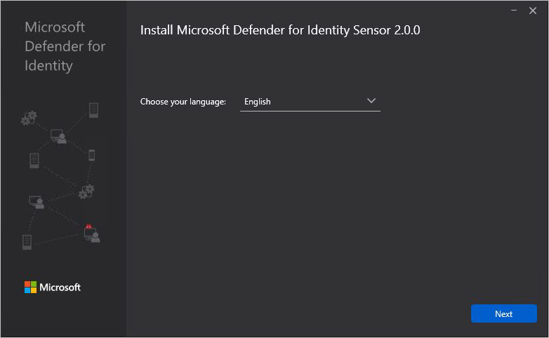 Defender for Identity スタンドアロン センサーのインストール言語選択のスクリーンショット。