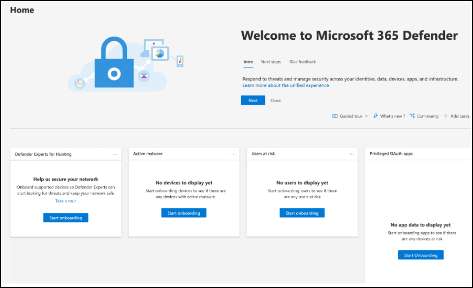 Defender Experts for Hunting サービスのカードを含む Microsoft Defender XDR ウェルカム ページのスクリーンショット。