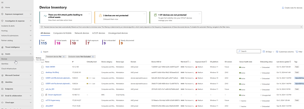 Microsoft Defender ポータルの [デバイス インベントリ] ページのスクリーンショット。