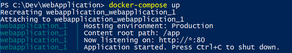 docker-compose up コマンドの実行時の画面表示