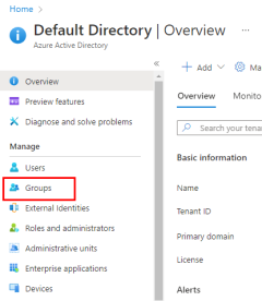 Azure Active Directory の [既定のディレクトリ] ページの左側のメニューにある [グループ] メニュー項目の場所を示すスクリーンショット。