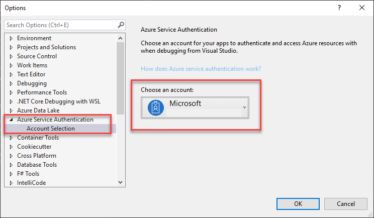 Visual Studio を使って Azure にサインインする方法を示すスクリーンショット。