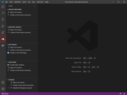 Azure Tools を Azure にサインんする方法を示す Visual Studio Code のスクリーンショット。
