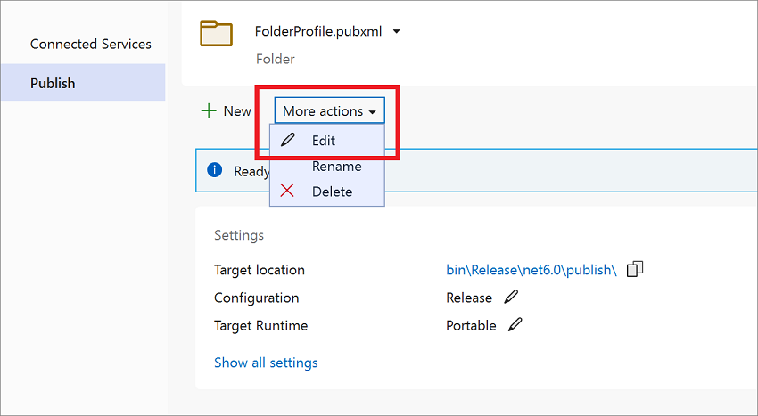 Visual studio publish profile with edit button.