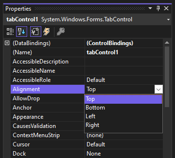 配置プロパティをが表示された Windows Forms アプリの Visual Studio プロパティ ウィンドウ。