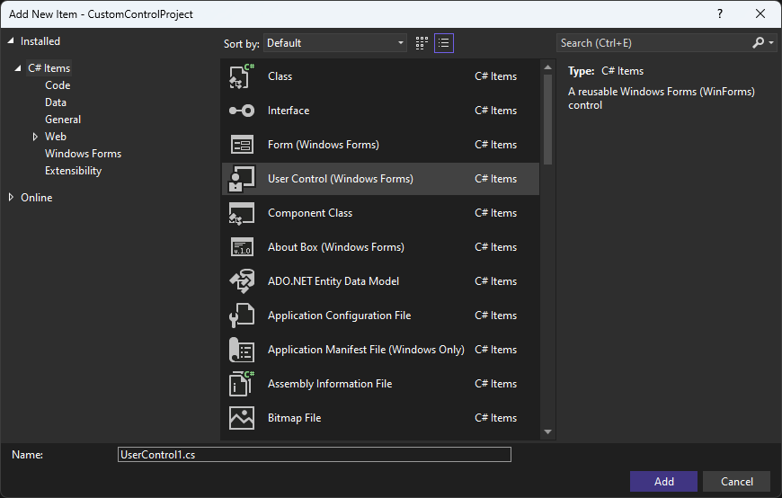 Visual Studio for Windows Forms の [項目の追加] ダイアログ