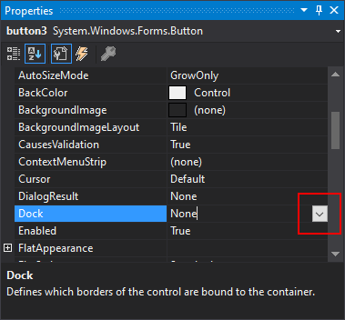 .NET Windows フォームの Dock プロパティが表示された Visual Studio の [プロパティ] ペイン。